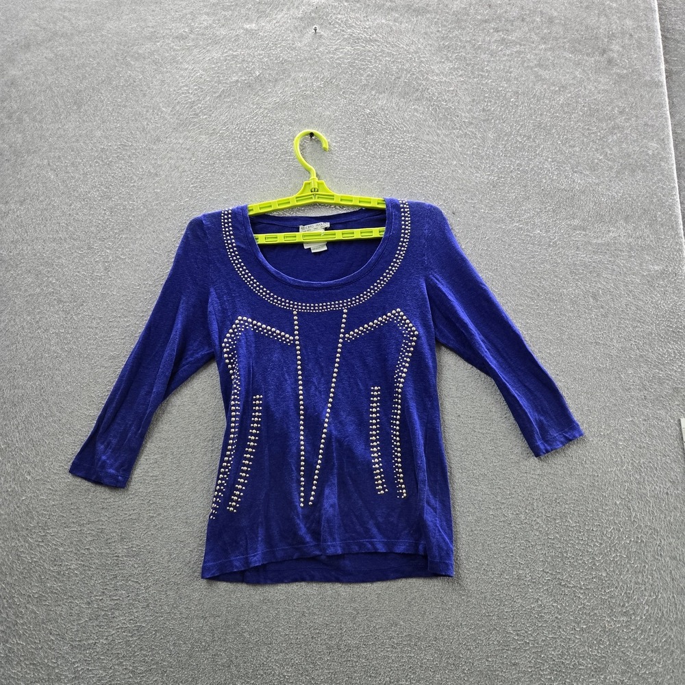 Alberto Makali Women Shirt L Blue Linen Graphic Studded Crew Neck Old Money